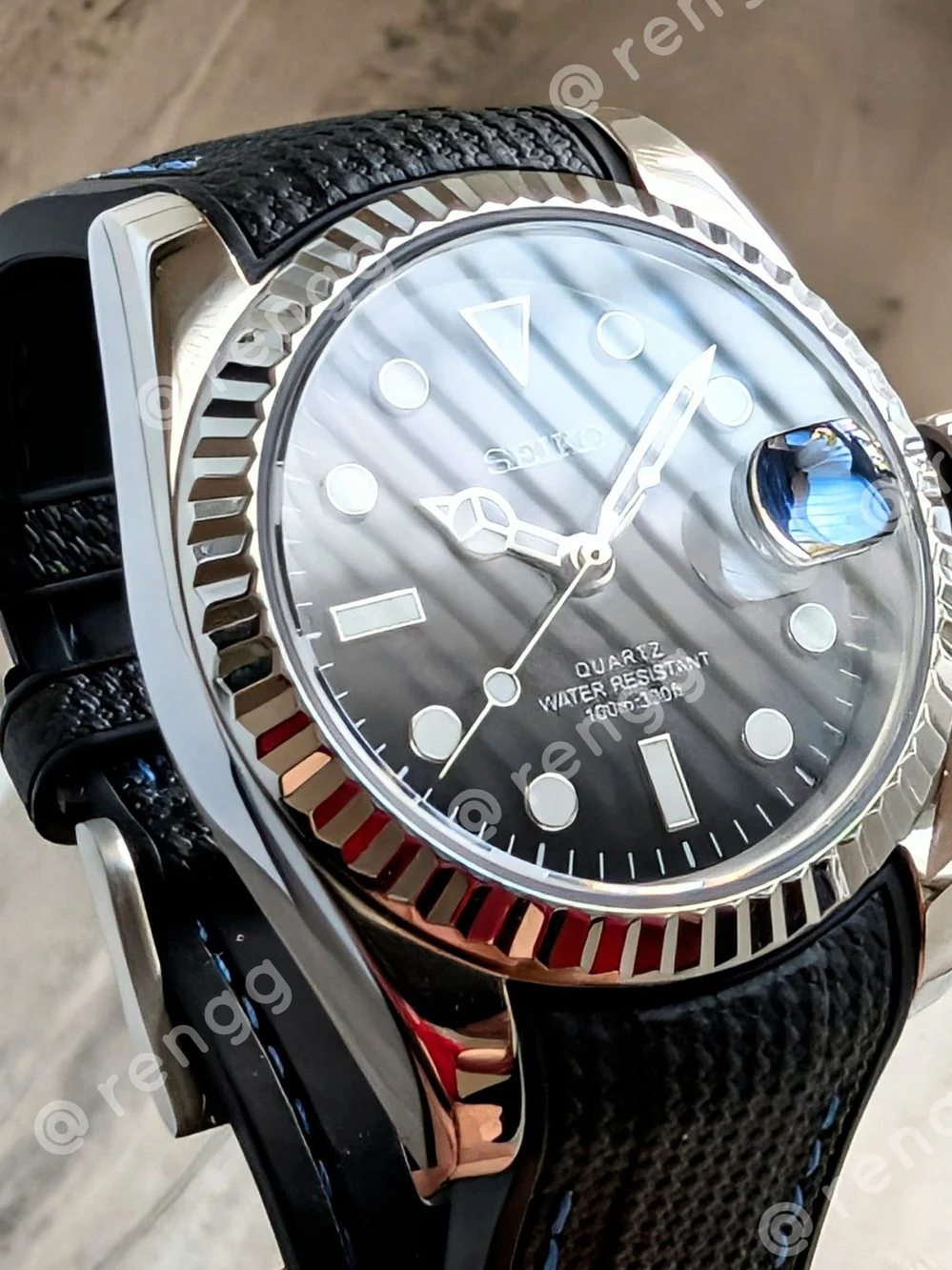 36mm Fluted Seiko Black Blue Mod Dress Watch Sapphire